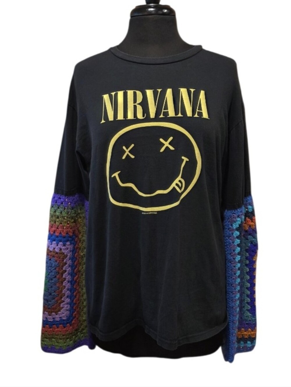 Nirvana Black Graphic Sweater with Multicolor Crochet Sleeves Ooak Grunge